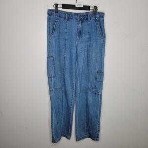 Future Collective Reese Blutstein Wide Leg Jeans Size 6 Blue Cargo Patch Skater